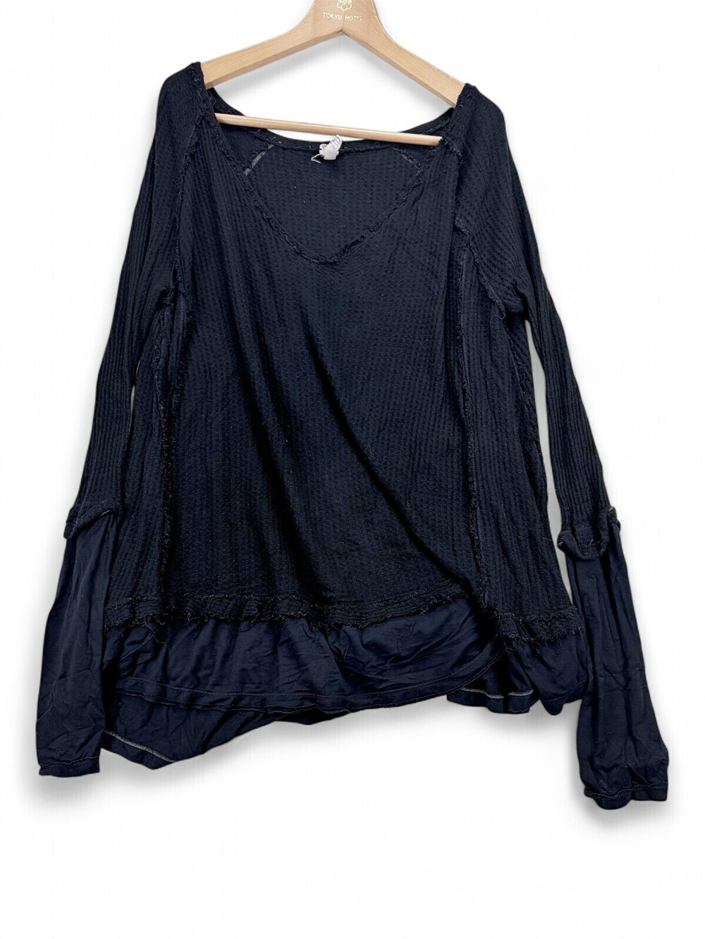 We The Free Layered V-Neck Waffle Knit Sweater L Black